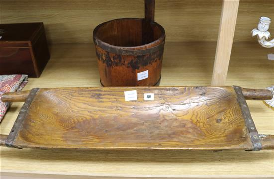 A 19th century ash meat carrier and a staved and coopered basket (2) W.89cm. x D.27cm.